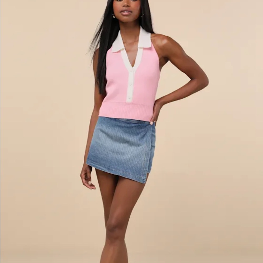 Lulus Ameliah Pink and White Collared Sweater Tank Top - Picture 3 of 13
